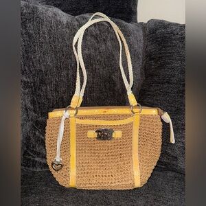 Brighton Woven Straw Handbag Purse Shoulder Bag Yellow + White Leather Accents